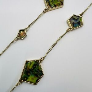 Gold Tone Station Necklace Green Abalone Look Geometric Links Long Chain